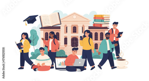 A diverse group of university students studying together on a college campus in a modern flat vector illustration style.