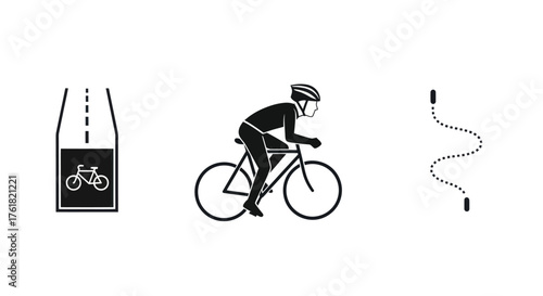 Cyclist in motion with road and path icons.