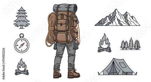 Adventurous Hiker with Backpack Rope and Hiking Boots.