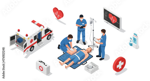 Paramedics providing emergency cardiac resuscitation with a defibrillator and CPR in an isometric illustration.
