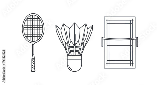 Badminton Racket Shuttlecock and Court Line Drawing.