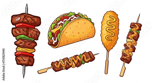 Assortment of Delicious Street Food: Skewers Taco and Corn Dog.