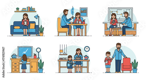 Vector illustrations of family life daily routines and home activities.