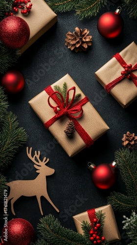 Christmas gifts decorated with ribbons and fir branches, with balloons and pinecones - perfect for holiday promotions, cards, gift advertising and decor.