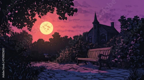 A view of a bench with a church at dusk. 4K animated video