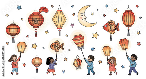 Festive Hand-Drawn Lanterns and Children Celebrating with Stars.