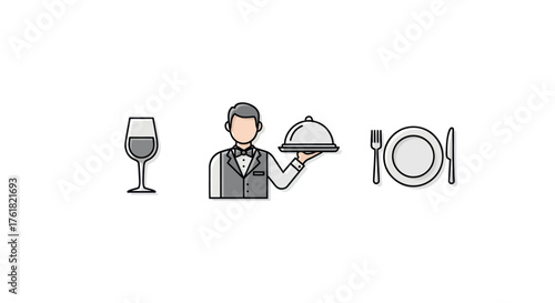 Vector Illustration of a Smiling Waiter Holding a Covered Plate.