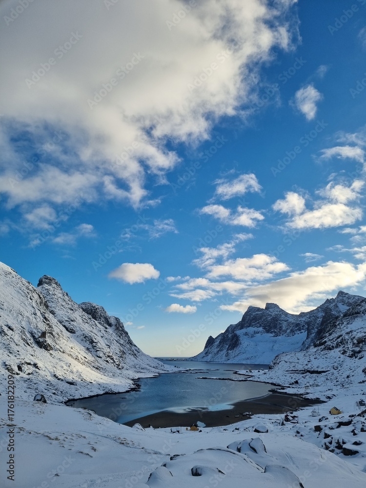 Fototapeta premium View on the Bunesfjorden in winter, Reine , Lofoten, Norway 