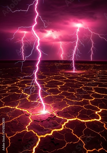 Eerie Lightning Strikes on Cracked Earth - A Surreal Landscape.