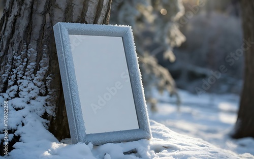 Empty frame leans against snowy tree in winter forest