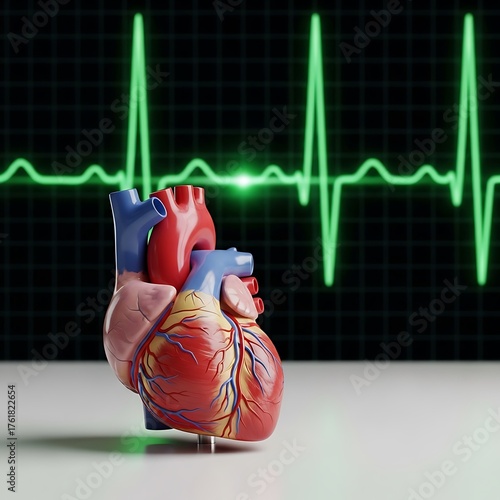 Human Heart Model with ECG Background - Medical Visualization.