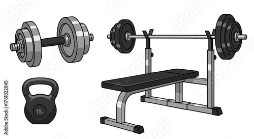 Illustrated Gym Equipment Set: Dumbbell Bench Press Kettlebell.