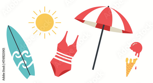 Summer Beach Elements: Surfboard Sun Swimsuit Umbrella and Ice Cream.
