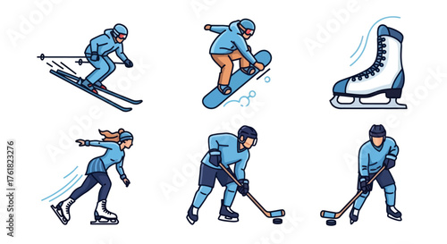 Winter Sports Collection: Skiing Snowboarding Ice Skating and Hockey Illustrations.