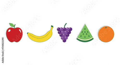 Colorful Assortment of Fresh Fruits: Apple Banana Grapes Watermelon and Orange.