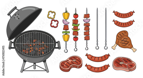 Barbecue grill raw meats cooked kebabs and sausages for outdoor grilling.