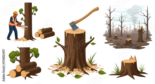 Lumberjack Felling Tree with Chainsaw and Axe Forest Deforestation Scene.
