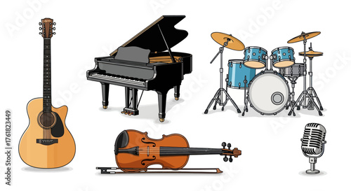 Collection of Musical Instruments: Guitar Piano Drums Violin Microphone.