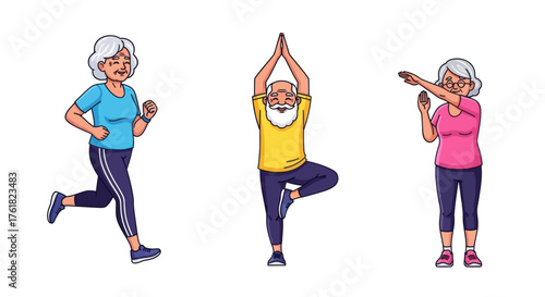 Active senior couple and man engaged in various fitness activities.