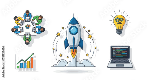 Startup Concept: Rocket Launch Team Meeting Idea Bulb Laptop and Growth Chart.