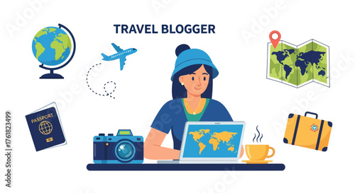 Young Female Travel Blogger Planning Trip on Laptop with Travel Essentials.