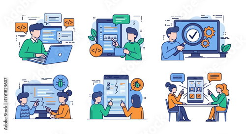 Illustrated People Interacting with Technology and Digital Devices.