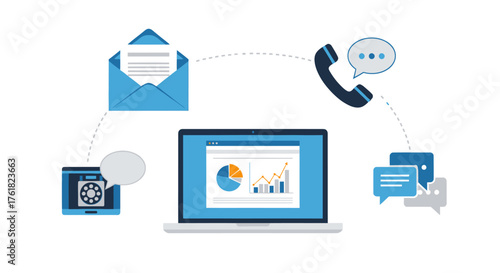 Digital marketing and customer communication channels connected to a central laptop with data analytics.