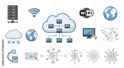 Digital Cloud Computing and Networking Icon Set.