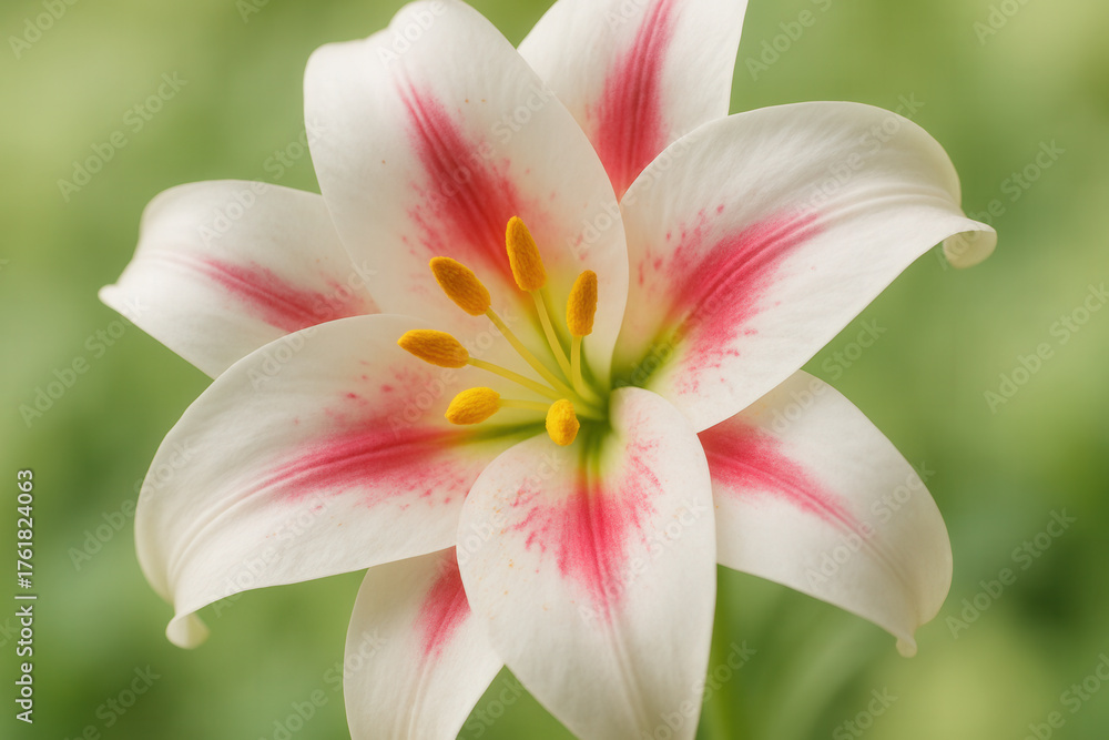 Fototapeta premium Delicate White Lily Flower with Pink Streaks and Golden Pollen Centers