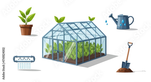 A vibrant illustration set of gardening essentials including a glass greenhouse potted plant and tools.
