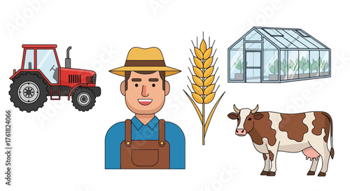Diverse Agricultural Elements: Farmer Tractor Wheat Greenhouse Cow.