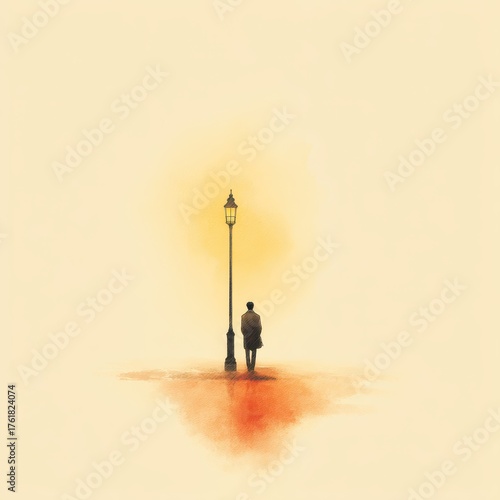 Minimal watercolor painting of a man standing under a street lamp on warm beige background.