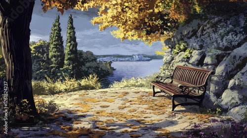 A view of a bench near a large lake. 4K animated video