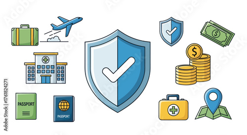 Travel Insurance Protection Shield with Icons.