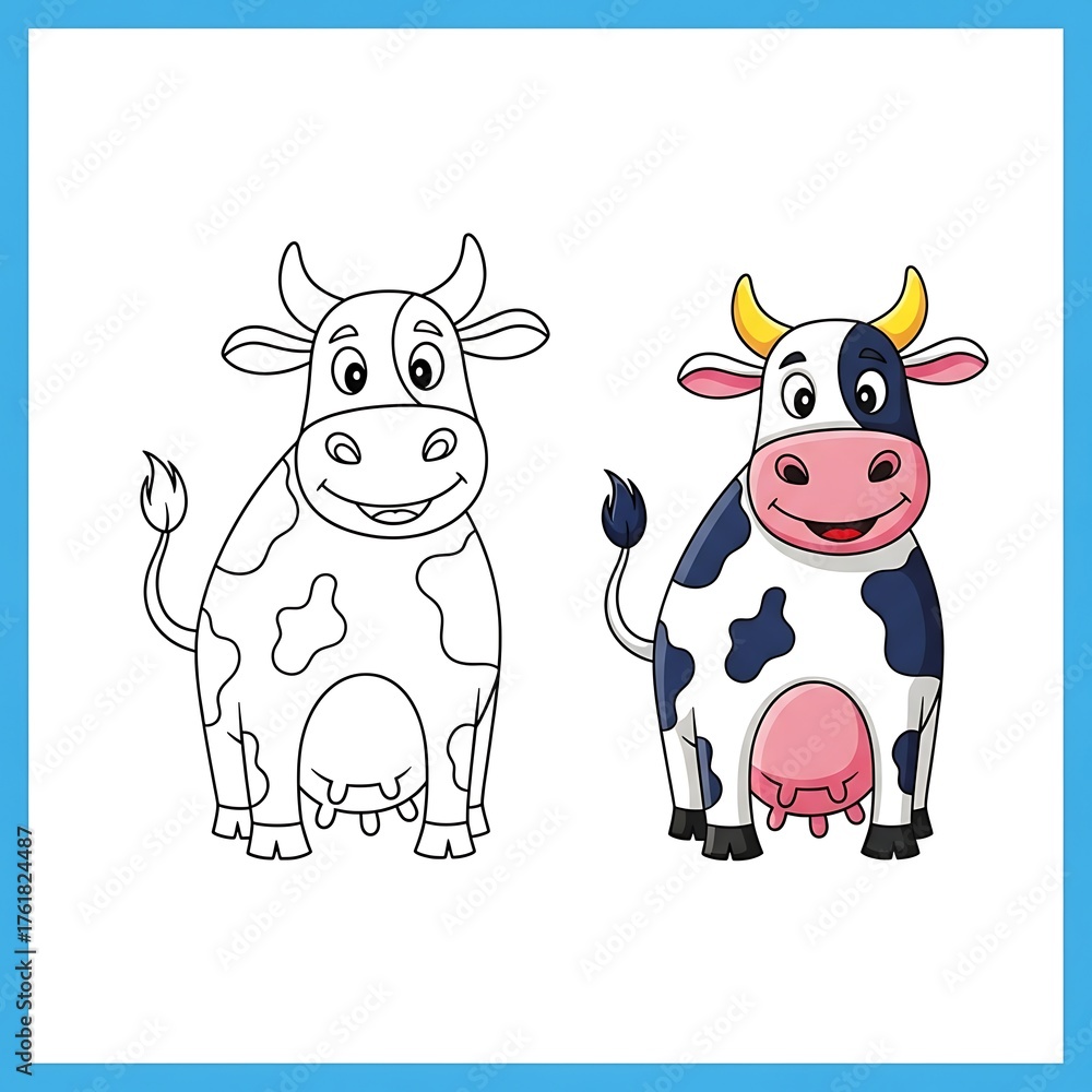 Fototapeta premium A cartoon cow is depicted in two styles, black and white outline and fully colored, on a blue-framed white background