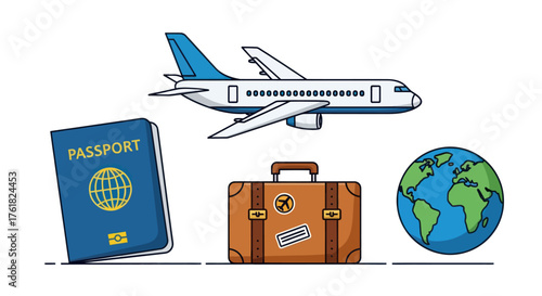 Hand-drawn travel and vacation icon set with a passport airplane luggage and world globe.