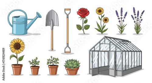 Assorted Gardening Tools Plants and Greenhouse Illustration.