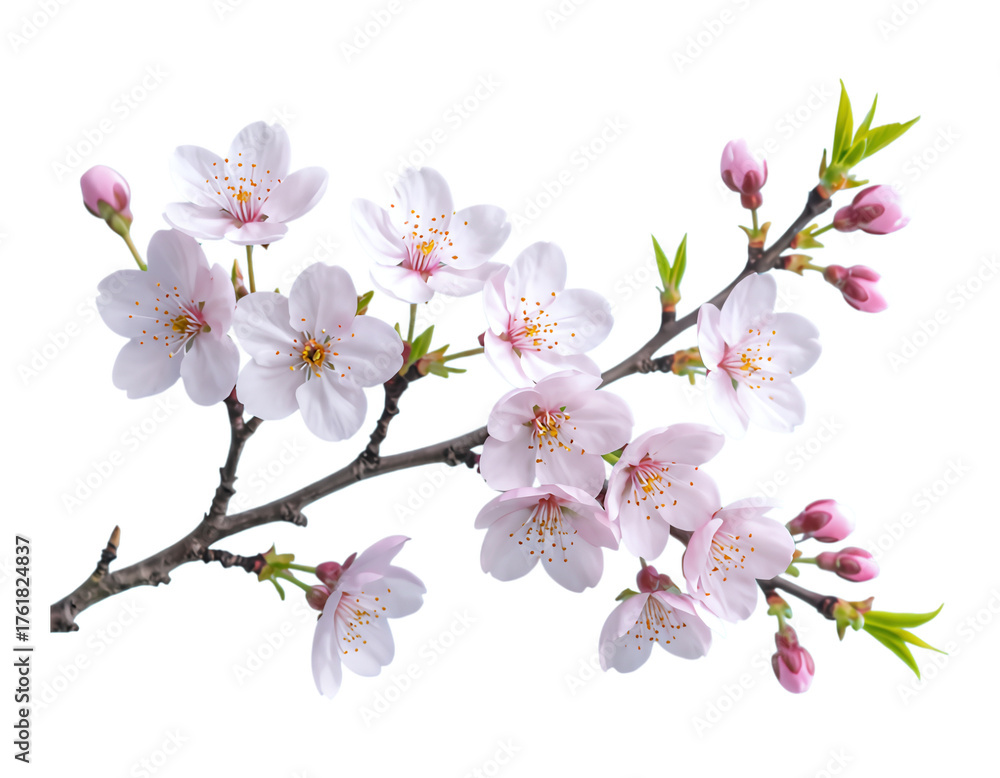 Fototapeta premium Pink Cherry Blossom Branch with Buds, Blooming on Transparent Background, 3D Realism Graphic