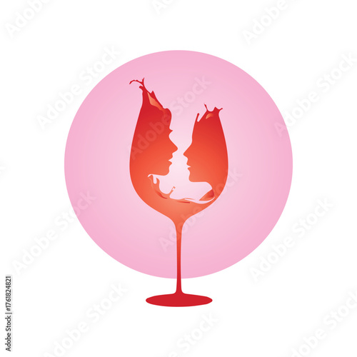 Silhouette of a couple in profile within a wine glass, abstract splash art, romance concept