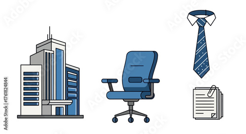 Office building ergonomic chair tie and documents representing business.