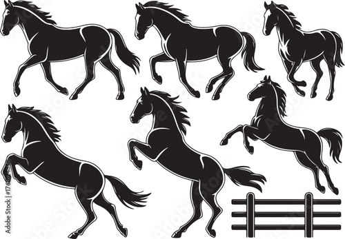 Horse Poses with Fence Silhouette Vector Illustration Representing Farm Animal and Nature
