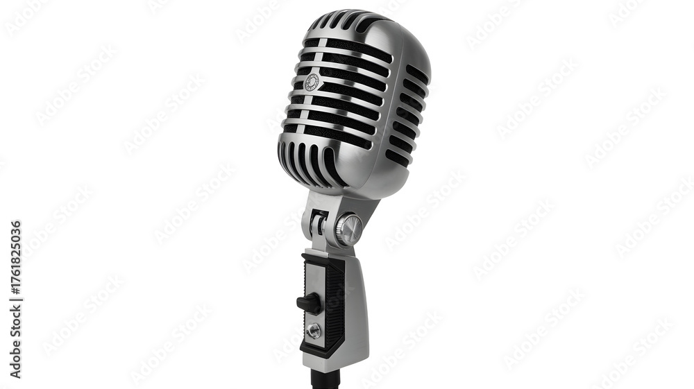 Fototapeta premium Classic silver microphone ready for recording, podcasting, or live performance, capturing a timeless aesthetic with professional quality