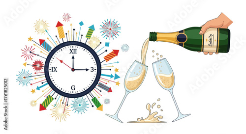 New Years Eve celebration concept with a midnight countdown clock colorful fireworks and a champagne toast.