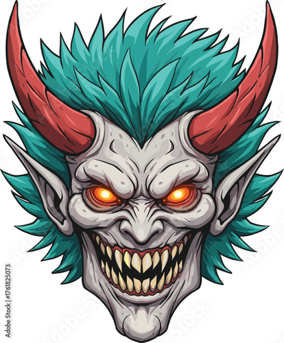 Stylized demonic face with red horns, glowing orange eyes, sharp teeth, teal hair, fierce expression, fantasy horror, monster illustration