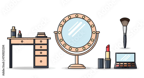 Glamorous Vanity Table with Illuminated Mirror and Makeup Essentials.