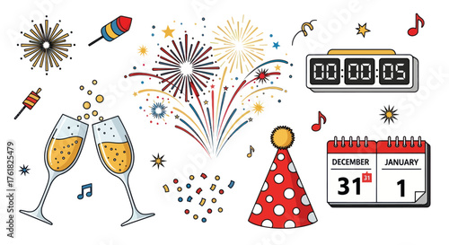 Festive New Years Eve Celebration Elements with Fireworks and Champagne.