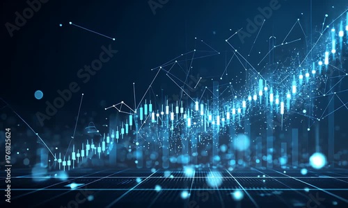 
abstract background with blue glowing arrows pointing up and stacks of coins on a dark blue gradient background,