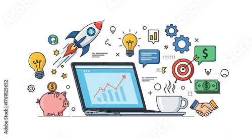 Laptop with Growth Chart and Startup Elements Illustration.