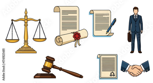Legal Elements: Scales of Justice Documents Gavel Lawyer and Handshake.