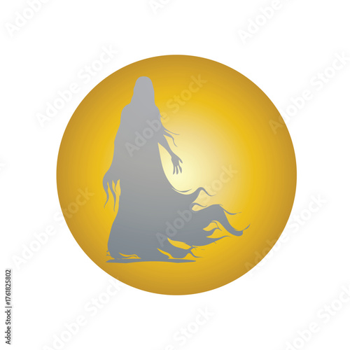 Captivating silhouette of a spectral figure with dynamic flowing forms, set within a vibrant golden circle, symbolizing mystery, ethereal beauty, and an enigmatic spiritual presence
